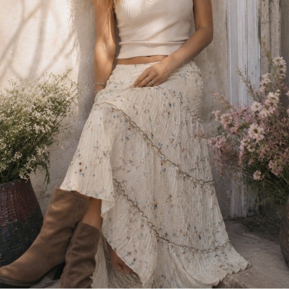 Y2K Vintage Cream Floral Embroidered Gauze Maxi Skirt 12 Boho Fairycore Prairie